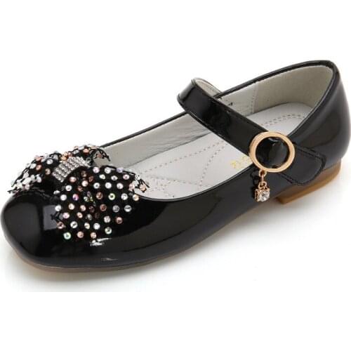 Fashion Crystal Bow Kids Wedding Shoes Flat Shoes For Girls Dress School Shoe Princess Leather Shoes 4 5 6 7 8 9 10 11 12 Years