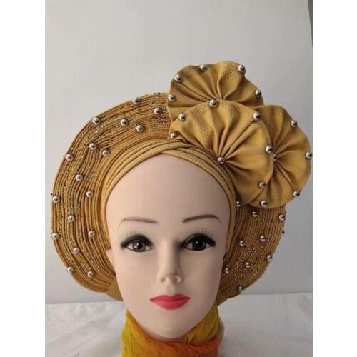 Fashion Women African Aotogele Headtie Aso Oke With Beads And Stones 2020 High Quality Lace Latest Women Head Tie 1piece/lot