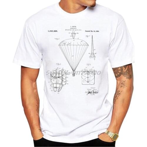 New Summer Fashion Men Short Sleeve Parachute Patent Skydiving Art Design T-Shirt Funny Print Boy Casual Tops White Tees