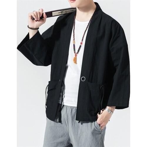 Spring Mens Linen Kimono Fashion Loose Long Cardigan Outerwear Vintage Coat Male Jackets with Belt Casual Overcoat