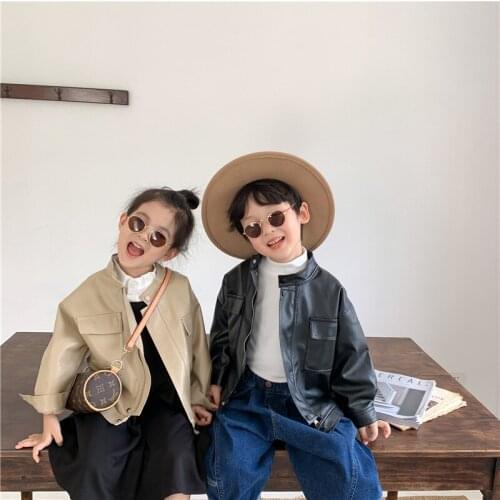 2021 Autumn New Fashion Boy Outerwear Baby Girls and Boys PU Jacket Children Momotorcycle Coat for Handsome Boy Zipper Coats