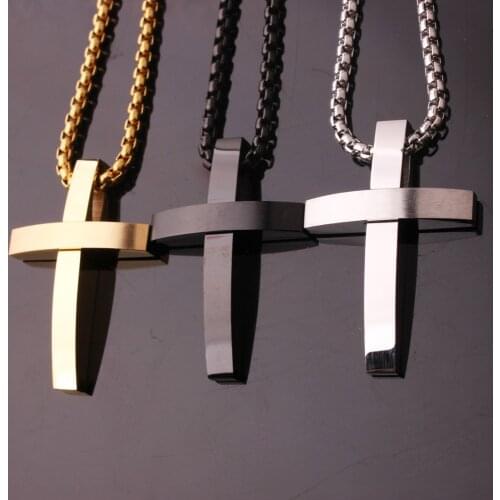 Fashion Gift Male Silver Color Black Gold Color Cross Pendant Necklace for Men Stainless Steel Sanctus Jewelry
