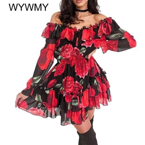WYWMY Off Shoulder Ruffles Flower Print Dress Women Spring Long Sleeve Elegant Party Dress Female Chiffon Beach Holiday Vestidos