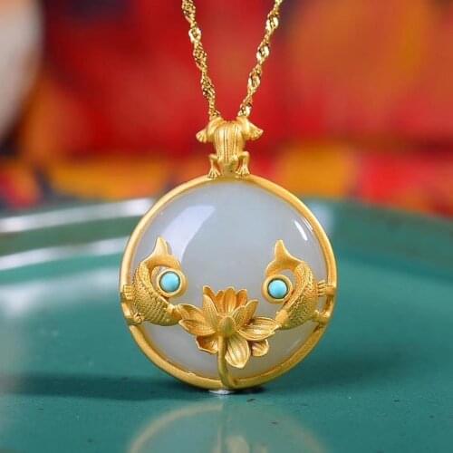 Silver Ornaments S925 Hetian Jade round Egg Noodles Have Surplus Frog-Shaped Buckle with Turquoise Pendant Clavicle Chain for Ye