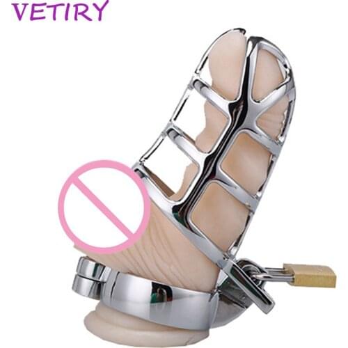 VETIRY Adult Games Stainless Steel Cock Cage Lockable Sex Toys for Men Penis Cock Ring Sleeve Lock Male Chastity Device 4 Size