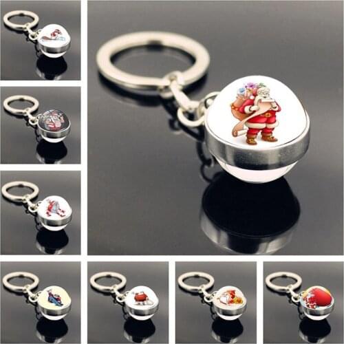 Vintage Keychain Jewelry with Silver Color Glass Ball Double Side Santa Claus Car Keyrings for Unisex Gift