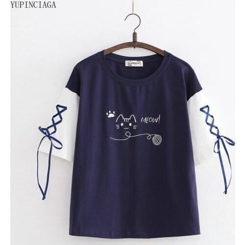 Japanese Mori Girls' T shirts Preppy Style Harajuku Women T shirt Cute Cartoon Ribbon Short Sleeve Femme Basic Casual Tops Tees