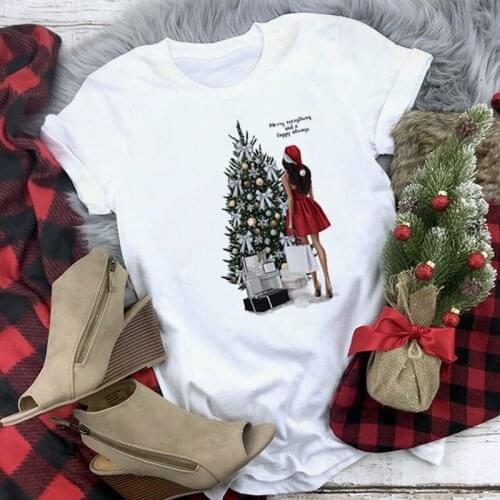 FIXSYS Happy New Year Christmas Fashion Ladies Print Women T-shirt Female Short Sleeve T-shirt Funny Santa Claus Tops Tee