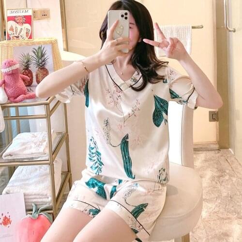 Womens Pajamas Summer Korean Silk Sweet V-Neck Short-Sleeved Sleepwear Female Casual Fashion Pyjamas Girl Cute Home Wear Suit