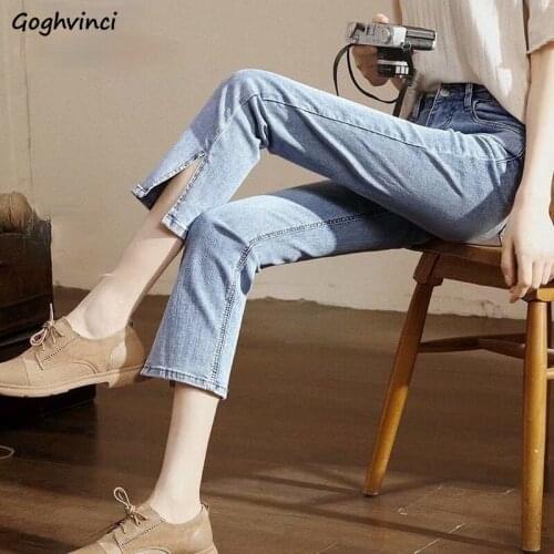 Women Ankle-length Jeans Slim Side-slit Solid Large Size Korean Style All-match Fashionable Leisure Designer Females Young Hot