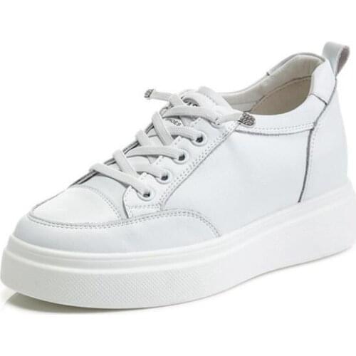 2021 New Cross Straps Genuine Leather White Shoes Casual Sneakers Platform Increased Inner Heighten Shoes High Heels Women Shoes