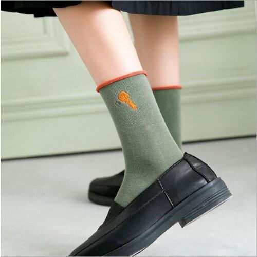 Candy Women Socks Spring Cute Middle Tube For Girls Solid Embroidery Microphone Socks Crimping Sweet Harajuku Cotton Fashion