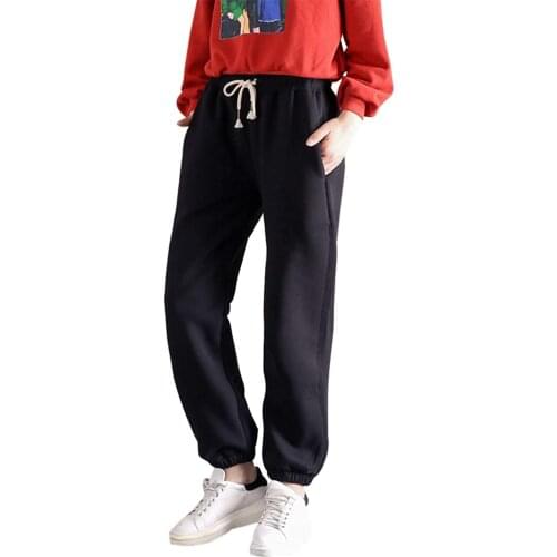 Women Solid Color Casual High-Waist Warm-Keeping Drawstring Side Pockets Elastic Loose-Fitting Elasticated Fleece Trouser