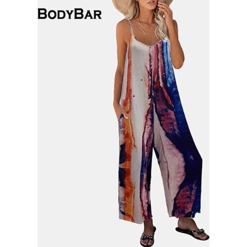 Sexy V-neck Wide-leg One-piece Pants Lady Loose Sling Leaf Print Playsuit For Femme Summer Beach Sleeveless Streetwear Jumpsuits
