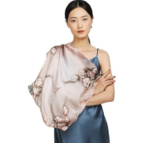 100% Silk Square Scarf Wraps Headband Elegant Neckerchief Tulip/Peony/Lotus Print Luxury Brand For Womens Best Gift 52CM