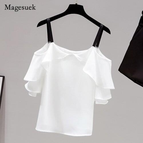 2021 Korean Chiffon Women Summer Shirt Solid Ruffle Butterfly Sleeve Tops for Women Simple Casual Loose Slim Blouse Blusa 14845
