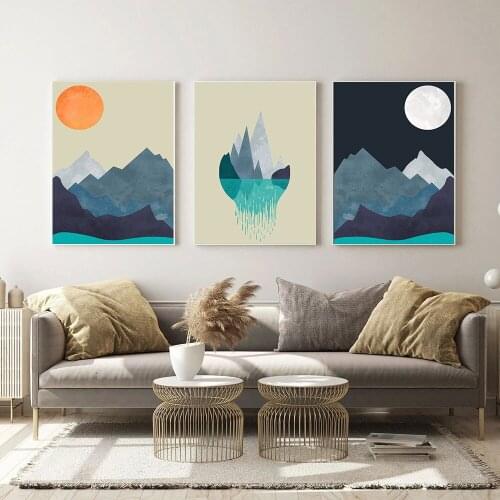 Abstract Painting Printed Cartoon Scenic Blue Sun Moon Mountain Posters for Living Room Bedroom Nordic Decoration Poster Picture