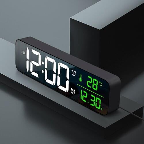 Alarm Clock LCD Electronic Time Clock Table Decoration LED Digital Temperature Date Display Mirror Clock for Home Living Room