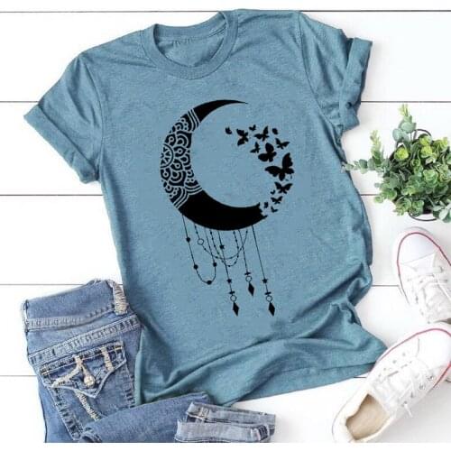 Umeko New Graphic Tshirts Women Moon Butterfly Printed Aesthetic Clothes Halloween Elegant Tops Cropped Casual Short Sleeve Tees