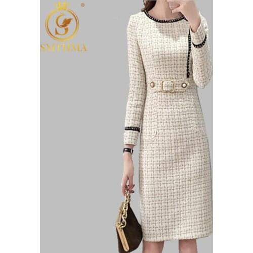 SMTHMA 2021 New Tweed Dress Women Spring Long Sleeve Vintage Plaid Female Elegant Woolen Ladies Office Vestidos