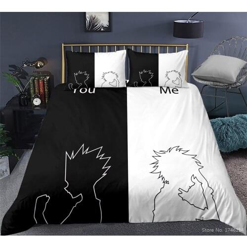 2/3pcs Black + White You and Me Bedding Set Twin Full Queen King Size 3D Cartoon Printed HUNTER Duvet Cover Set Bed Linens Gift