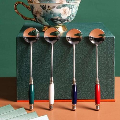 Kitchen Ceramic Spoon Stainless Steel Handle Coffee Teaspoon Milk Dessert Spoon Multicolor Home Canteen Kitchen Supplies