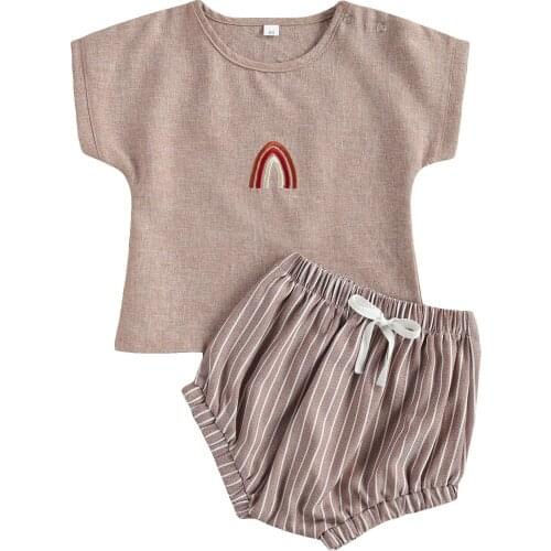 Summer Infant Baby Girl Boy Cotton Linen Clothes Sets Rainbow Print Jumpsuit or T-shirt+Shorts Toddlers Baby Two-Piece Suit 0-2Y