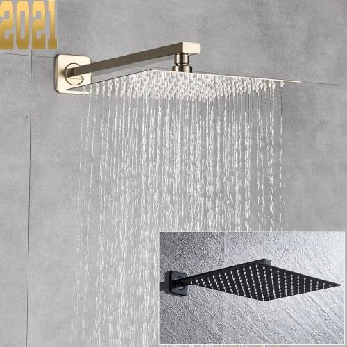Brushed Golden Rainfall Shower Head Bathroom 8/10/12" Ultrathin Style Top Shower Head with Wall Mounted Shower Arm
