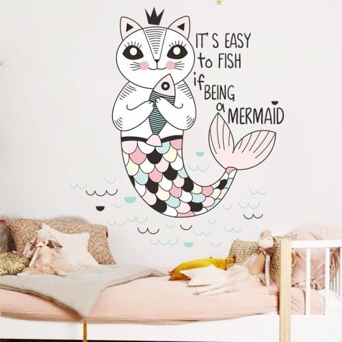 Cartoon Kitten Mermaid Wall Sticker for Kids Room Decoration Bedroom Wardrobe wall Decals Bathroom Waterproof Mural Home Decor