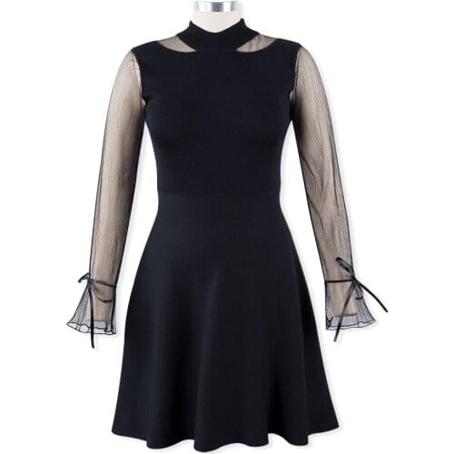 Neatie kiddie Sexy Mesh Long Sleeve A-line Dress Fashion Solid Hign Waist Slim O-neck Mini Dresses Vestidos Ladies Clothes 2019