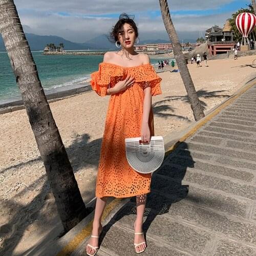 New arrival fashion korean summer midi dress women temperament casual sexy off-shoulder ruffle hollow loose holiday beach dress