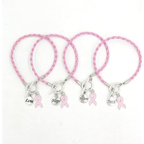 New Arrival Awareness Jewelry PU Pink Leather Rope With Pink Ribbon Faith Hope Breast Cancer Bracelets Bangles For Women Pulsera