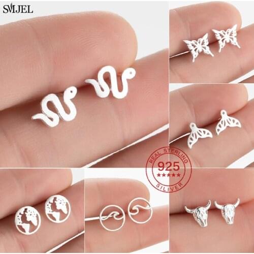 Punk High Quality Tiny Snake Earing 925 Sterling Silver Animal Stud Earrings S925 Butterfly Round Ocean Earrings Jewelry Child