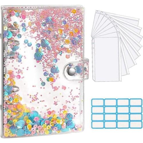 A6 Budget Binder Cover With Sequins,Clear PVC Notebook Binder Refillable Binder Cover With Binder Envelope Pockets