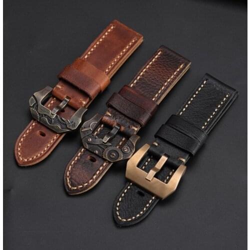 Hand-Fit Bronze Watch Strap 20 22 24 26MM Retro Style First Layer Cowhide Bracelet Mens Military Watch Leather Watchband