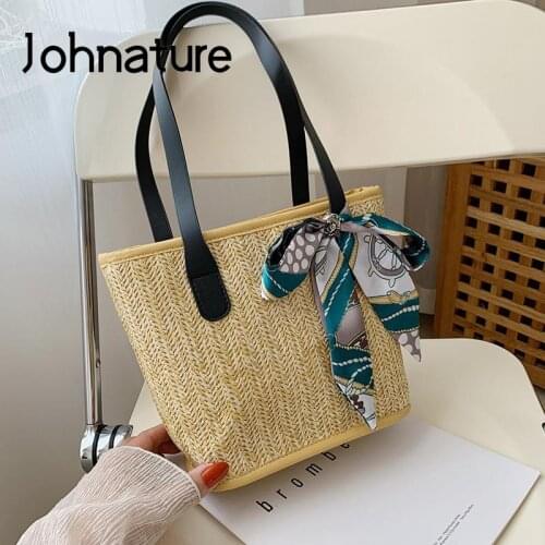 Johnature Fashion Women Bag 2021 New Korean Summer Beach Holiday Woven Handbag Trend Versatile Girl Straw Shoulder Bags
