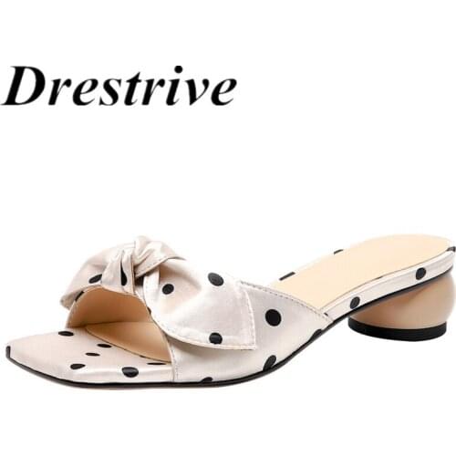 Drestrive Womens Sandals Satin Butterfly Knot Mid Heels Square Toe Fleck 2020 Summer Outside Girls Slippers Round Heel Size 43