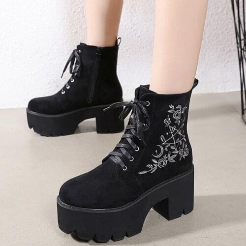 Sexy Ankle Boots Ladies High Heel Gothic Floral Embroidered Ziper Black Platform Boots Fashion Zapatos De Mujer