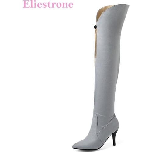 Brand New Sexy Gray Black Women Thigh High Boots Pointed Toe High Thin Heels Lady Shoes Plus Small Big Size 12 32 43 45 48