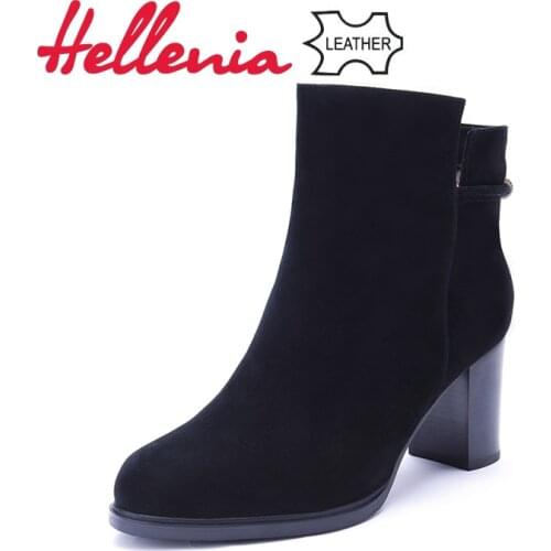Hellenia Black Short Boots Suede Leather with Warm Wool Handmade High Quality Women Shoes Winter Snow Shoe Ladies Boot