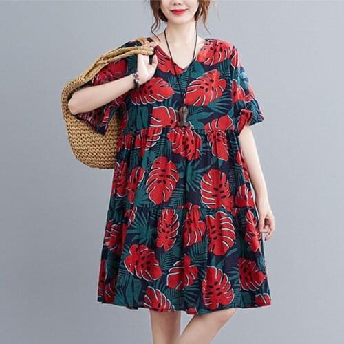 V-neck Thin Soft Cotton Linen Loose Women Dress Print Floral Summer Holiday Beach Casual Dress Female Midi Vintage Dress