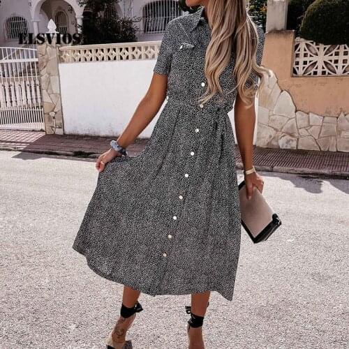 Spring Summer Elegant Women Turn-down Collar Print Office Lady Shirts Dress Casual Short Sleeves Buttons Cardigan A-line Dresses