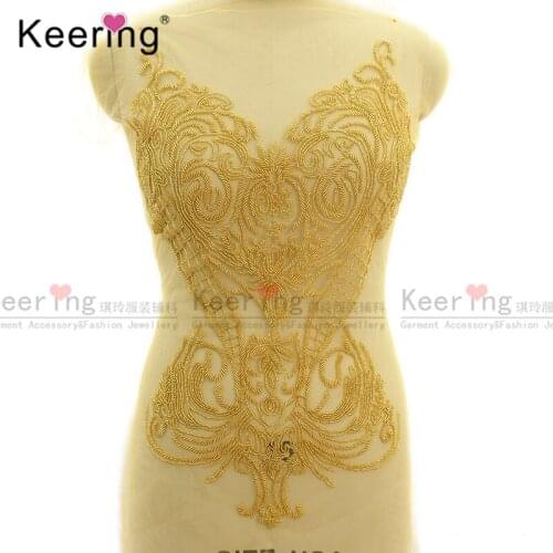 Hand-made Gold Sew on Fleur De lis Embroidered Rhinestone Applique For Party Dress WDP-280