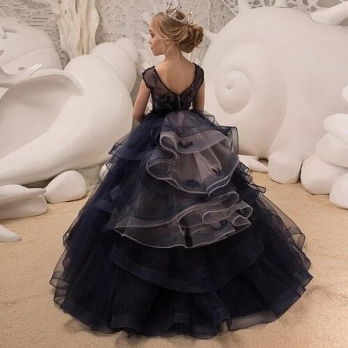 Ball Gown Flower Girl Dress Lace Appliques Baby Girls Party Dresses Cap Sleeves Puffy Back Bow First Communion Dress