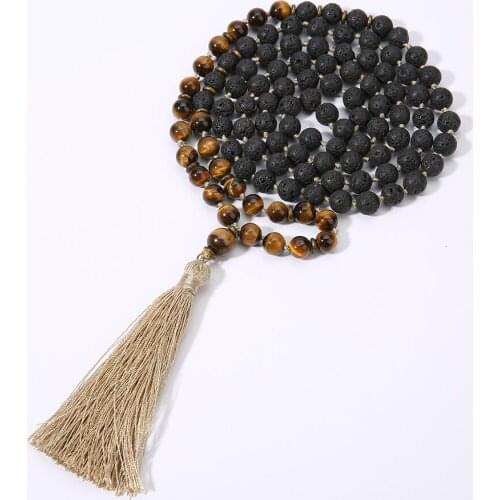 8mm Black Lava Stone & Yellow Tiger Eye 108 Mala Beaded Knotted Necklace Meditation Blessing Yoga Japamala Jewelry Men and Women