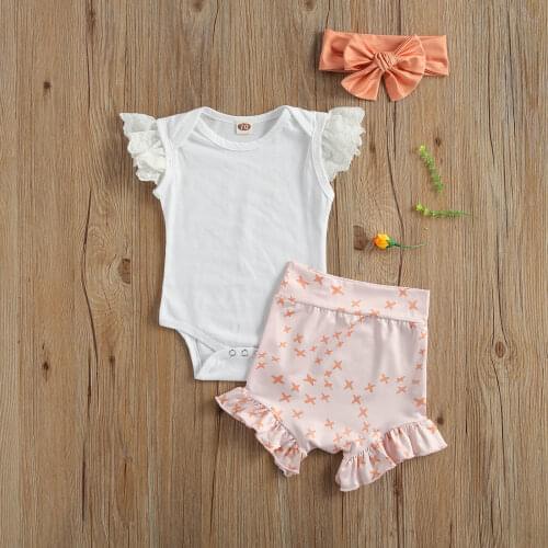 Baby Girls Clothing Set Cute Flying Sleeve Romper and Shorts and Headwear Three-piece Suit for Birthday Party