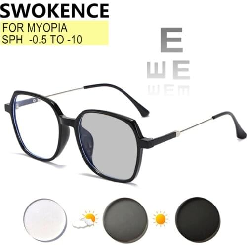 SWOKENCE Myopia Glasses Prescription -0.5 to -10 Women Men TR90 Frame Astigmatism Customizable Photochromic Anti Blue Light F531