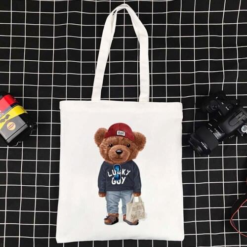 Canvas Tote Bag Reusable Handbag Bear Pattern Large Shopper Bag High Quality Eco-friendly Foldable Womens Shoulder Bags