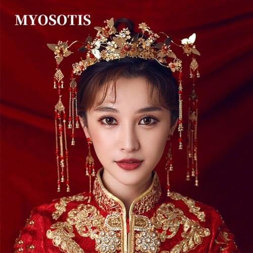 Chinese Retro Butterfly Jewelry Red Gold Color Headbands Earrings Sets Bride Wedding Women Hanfu Dress Headpieces