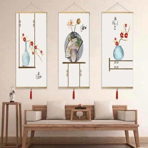 Chinese Style Vase Canvas Paintings Printed Poster Wood Scroll Painting Room Decor Aesthetics Vintage Wall Hanging Decoration
